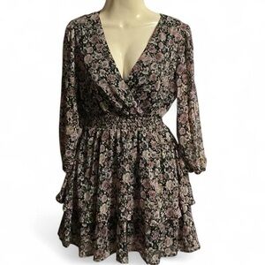 Mimi Chica Black & Pink Floral Ruffle Mini Dress Size S 💐